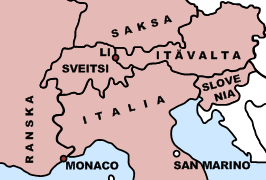 Alppimaiden kartta, jota klikkaamalla pääsee matkaoppaassa käsiteltyihin maihin